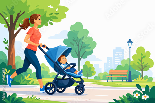 Mother jogging with baby in stroller in park during daytime  