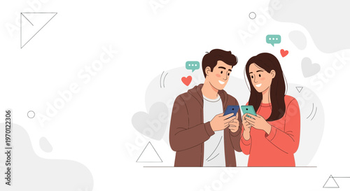 Couple texting on phones with hearts and chat bubbles, romantic communication concept