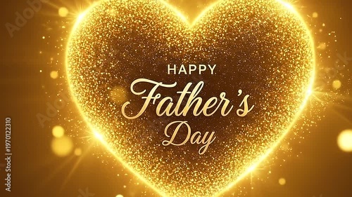 Golden heart with happy fathers day text on brown background with sparkles