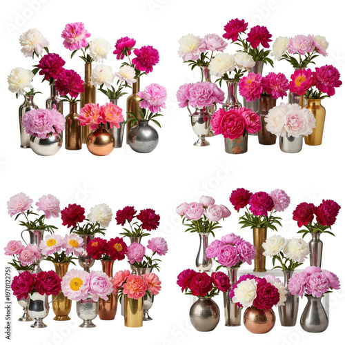 Collection of peonies in vases