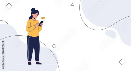 Young woman using smartphone, receiving message, modern abstract background