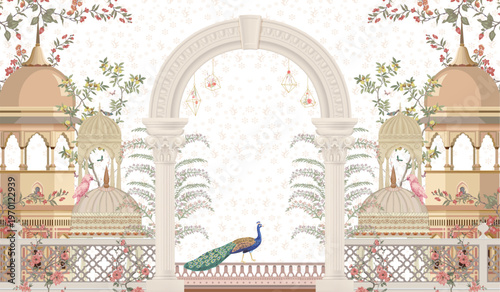 Beautiful Indian Mughal Wedding Card Illustration for wallpaper