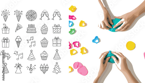 Birthday party outline icons with gifts cake hats and hands playing colorful slime creative kids activity vector illustration set