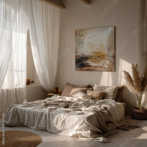 Cozy Minimalist Bedroom with Natural Light and Abstract Art
