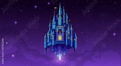 Mystical Castle in Purple Starry Night Sky.