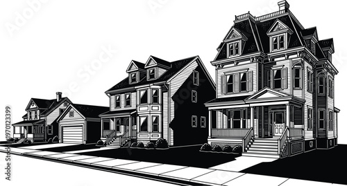 Three traditional houses illustration, black and white line drawing, suburban neighborhood street view, pitched roofs dormer windows porches, architectural residential design artwork