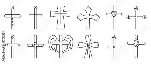 Decorated Christian crosses, black line icon set. Monochrome outline creative sign collection, editable stroke isolated religious symbols, linear various cliparts