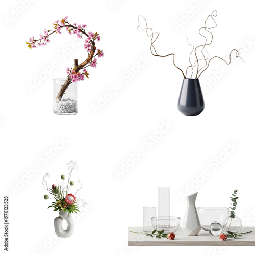 Floral arrangements and vases on white background