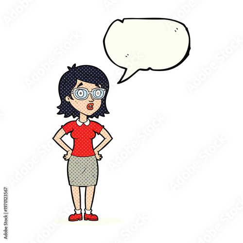 Cartoon woman wearing glasses and a red shirt standing with hands on hips and a speech bubble.