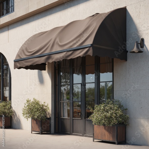 Modern Storefront with Brown Awning and Potted Plants