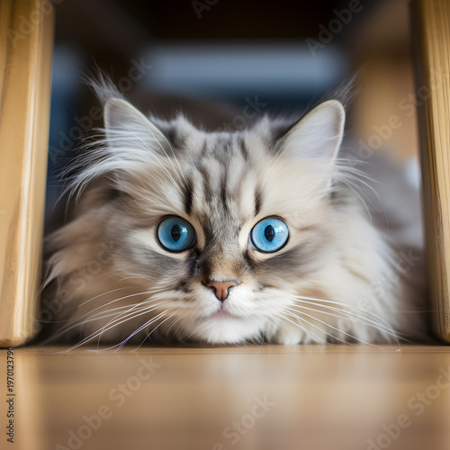 Curious fluffy cat with blue eyes peeking from under wooden chair indoors at home