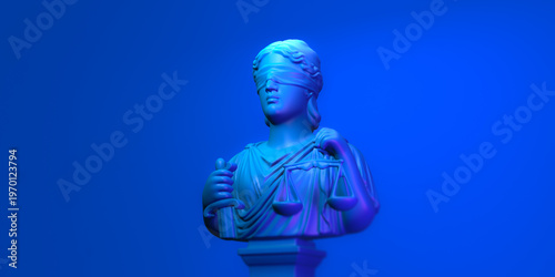 Blindfolded Lady Justice. Close up visage of a sculpture of lady justice, blindfold impartiality. Space for text, light theme background, isolated. 3D rendering.