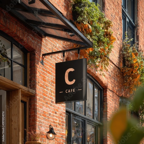 Modern Black Cafe Sign on Red Brick Building with Plants