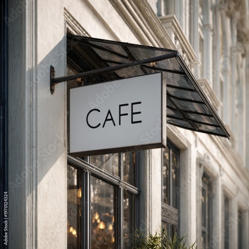 Minimalist Cafe Sign on Building with Black Awning