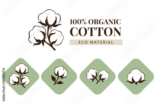 100 percent organic cotton label with cotton plant icons. Eco material textile design for natural fabric branding, packaging and sustainable products. Minimal modern style collection.