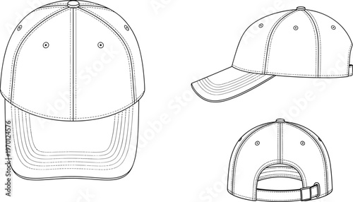 Technical fashion sketch of a classic baseball cap featuring front side and back views with adjustable strap and stitch details for apparel design.