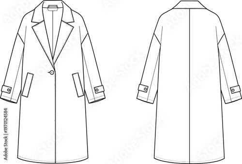 Technical fashion illustration of a women's oversized long coat vector sketch featuring front and back views with notch lapel and sleeve cuff details.
