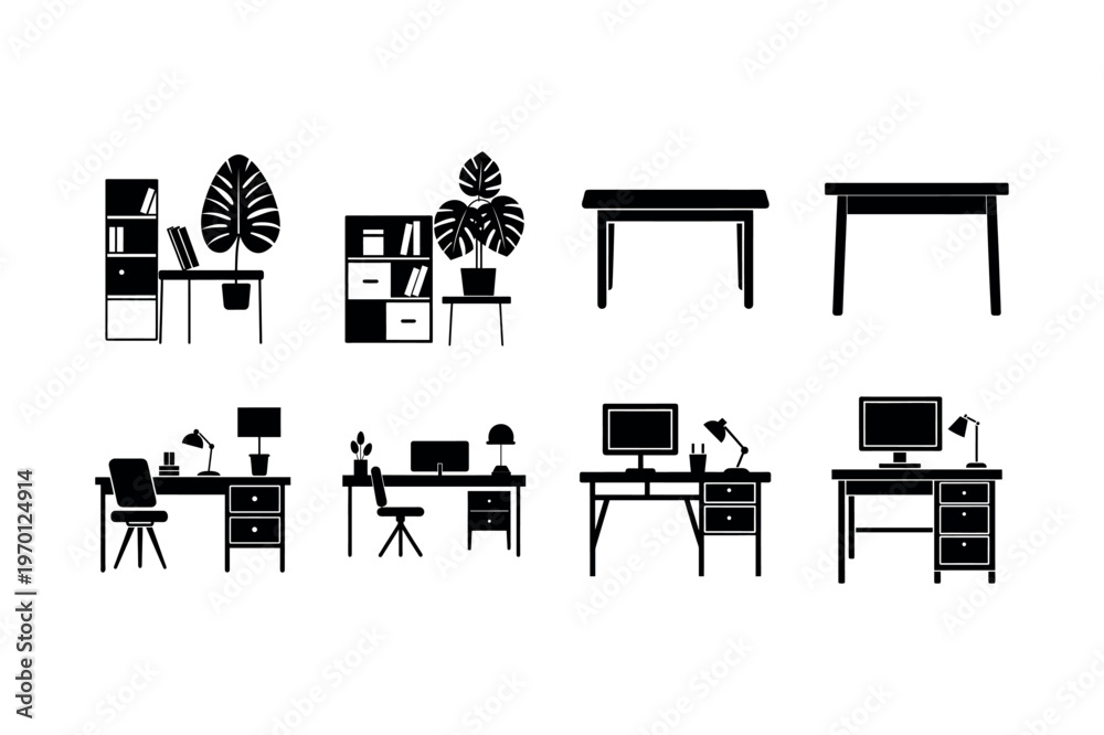 Fototapeta premium Curated Home Study Silhouette Icons for Digital Nomads.