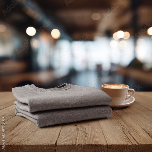 Folded Gray Sweater and Latte on Rustic Wooden Table