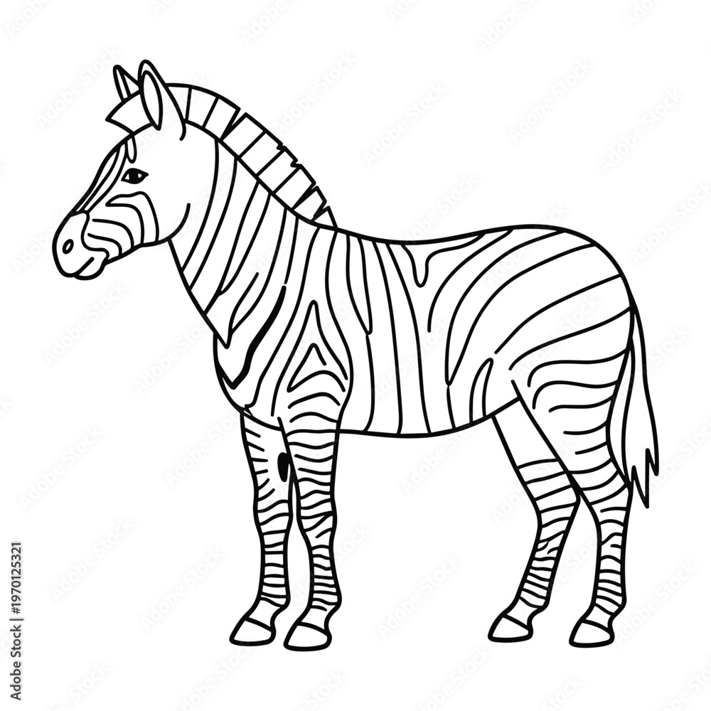 Obraz premium A simple black and white line art illustration of a zebra standing on a plain background.