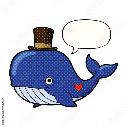 Cartoon illustration of a blue whale wearing a top hat and a speech bubble in pop art style.