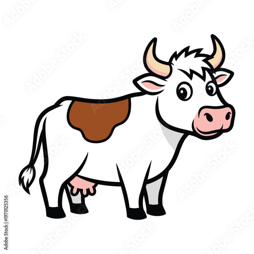 A cute cartoon cow illustration with a white body and a large brown spot on its back.