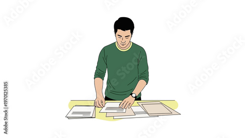 Man organizing documents on desk, focused work, administrative tasks, office workflow