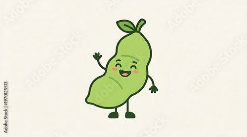 Cartoon green pea character smiling.