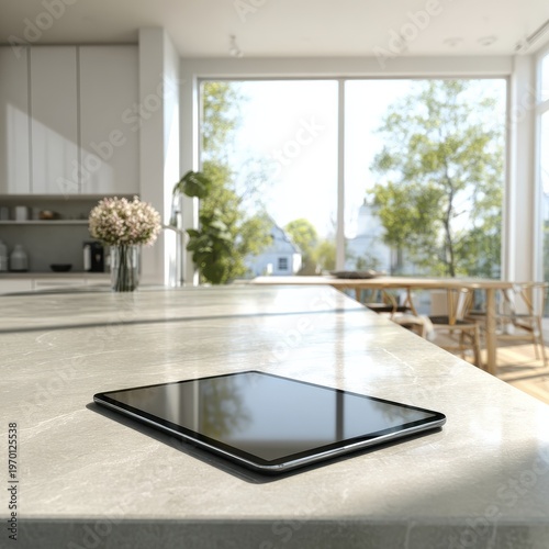 Modern Tablet on Countertop in Bright Kitchen with Large Windows