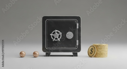 A sturdy black metal safe with a combination lock and a stack of gold coins, symbolizing wealth and financial security.