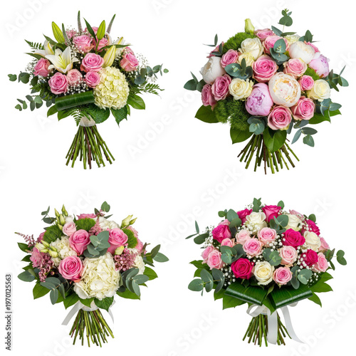 Four bouquets of pink and white flowers