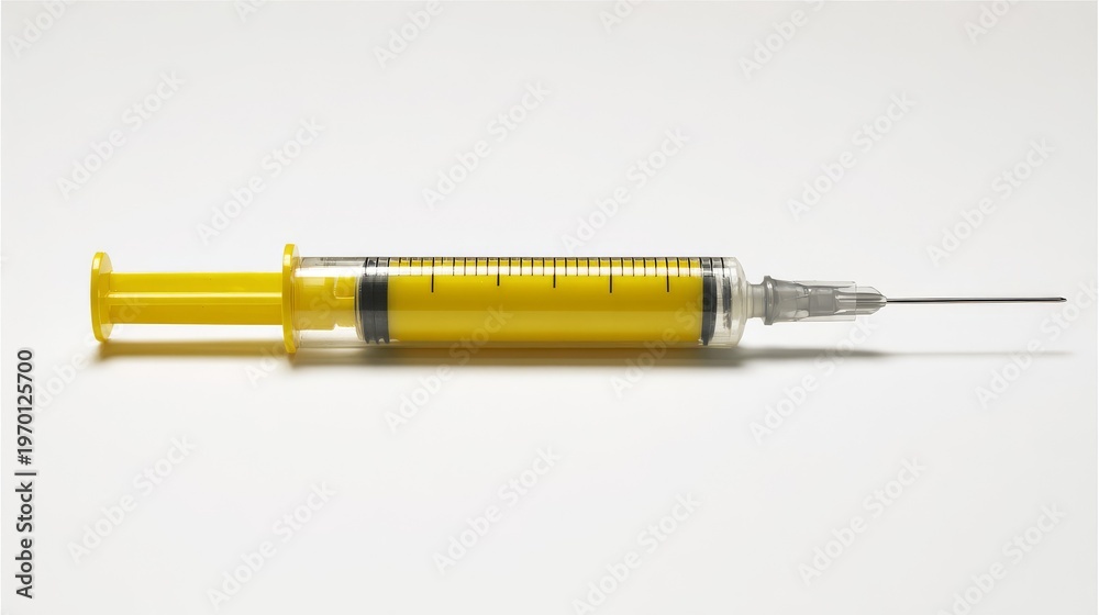 Fototapeta premium A bright yellow veterinary syringe with clear markings for administering medication