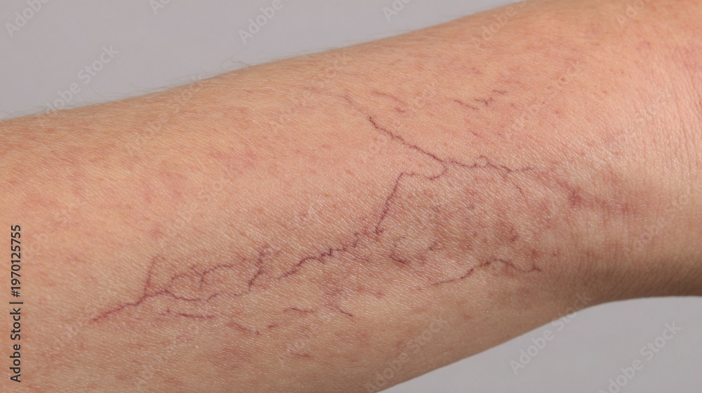 Fototapeta premium Close-up view of red spider veins spreading across human skin texture