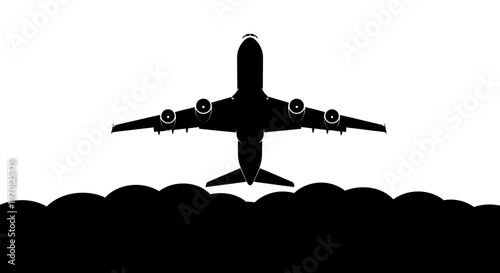 Silhouette of a commercial airplane taking off or landing with ground line on isolated white background, symbolizing air travel and journey.