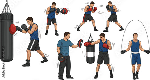 Vector Illustration Set of Boxer Training Actions, Including Punching Bag, Speed Rope, and Boxing Gloves, for Fitness, Sports, and Workout Designs