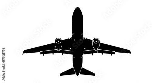 Top view silhouette of a commercial airplane flying, symbolizing air travel and global logistics on isolated white background.