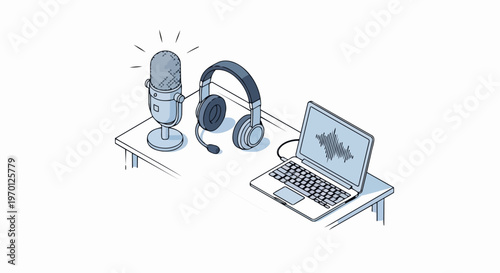 Isometric Podcast Equipment Illustration with Microphone Headphones and Laptop for Content Creation and Audio Recording