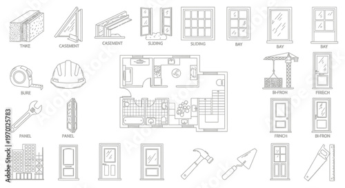 Collection of architectural elements and construction tools, including windows, doors, floor plan, compass, ruler, hammer, and measuring tape on isolated white background.