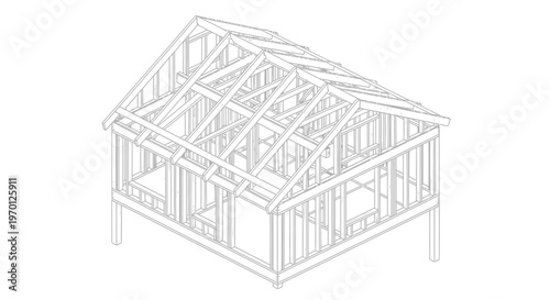 Isometric House Frame Under Construction Outline Drawing on Isolated White Background