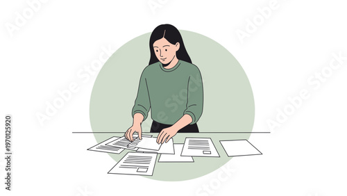 Woman organizing documents on a desk, business planning, workflow, and productivity concept