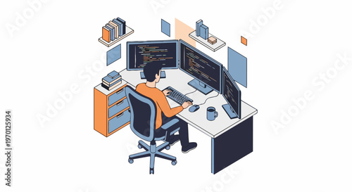 Isometric Illustration of a Software Developer Coding at a Professional Desk with Three Monitors and Office Setup