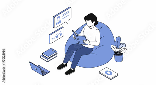 Isometric Illustration of a Person Reading in a Beanbag Chair, Home Office Concept with Data Charts, Laptop, and Books for Education or Research