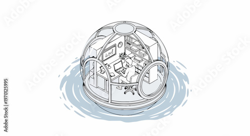 Isometric Illustration of a Professional Man Working in a Futuristic Floating Glass Pod Office on the Water, Concept of Digital Nomadism and the Future of Work