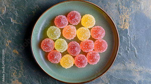 Colorful assortment of sugar-coated fruit jellies arranged on a teal ceramic plate with a dark background.