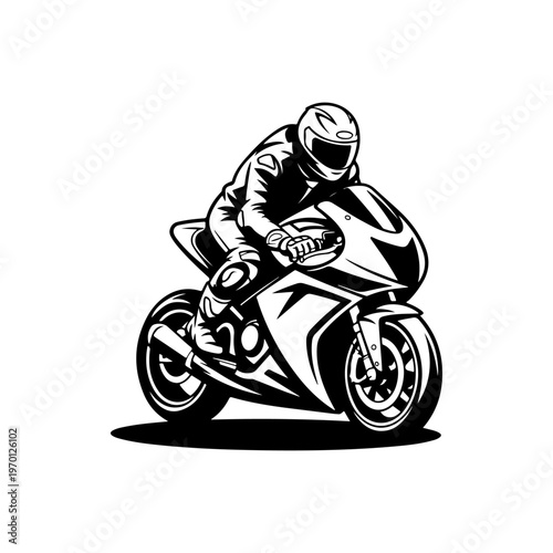 A black and white vector illustration of a motorcyclist in a racing tuck on a sportbike. Dynamic silhouette perfect for motorsport, speed, and racing-themed branding.