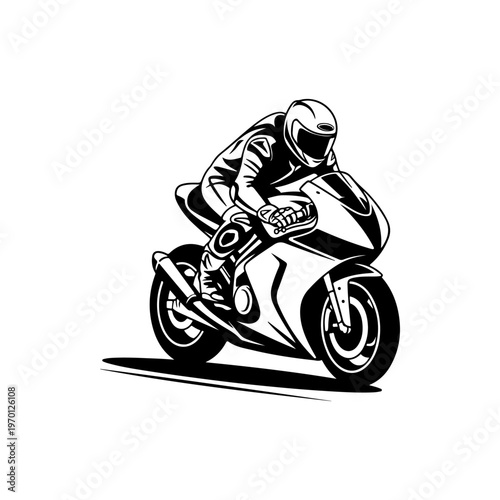 A black and white vector illustration of a motorcyclist in a racing tuck on a sportbike. Dynamic silhouette perfect for motorsport, speed, and racing-themed branding.