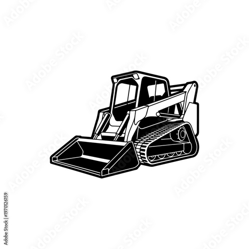 A black and white vector illustration of a compact track loader with a front bucket. A clean, industrial silhouette perfect for construction and earthmoving branding.
