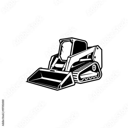 A black and white vector illustration of a compact track loader with a front bucket. A clean, industrial silhouette perfect for construction and earthmoving branding.