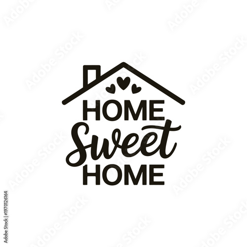 A black and white illustration of a house with home sweet home text