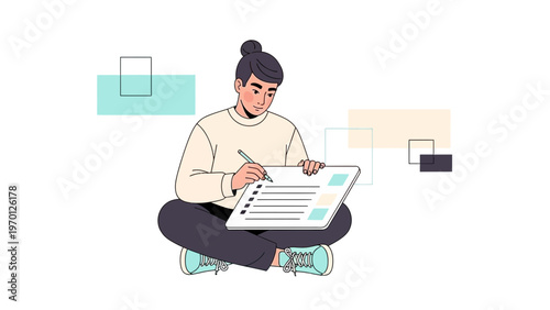 Young person sitting cross-legged, writing on a checklist, focused on task completion and organization.